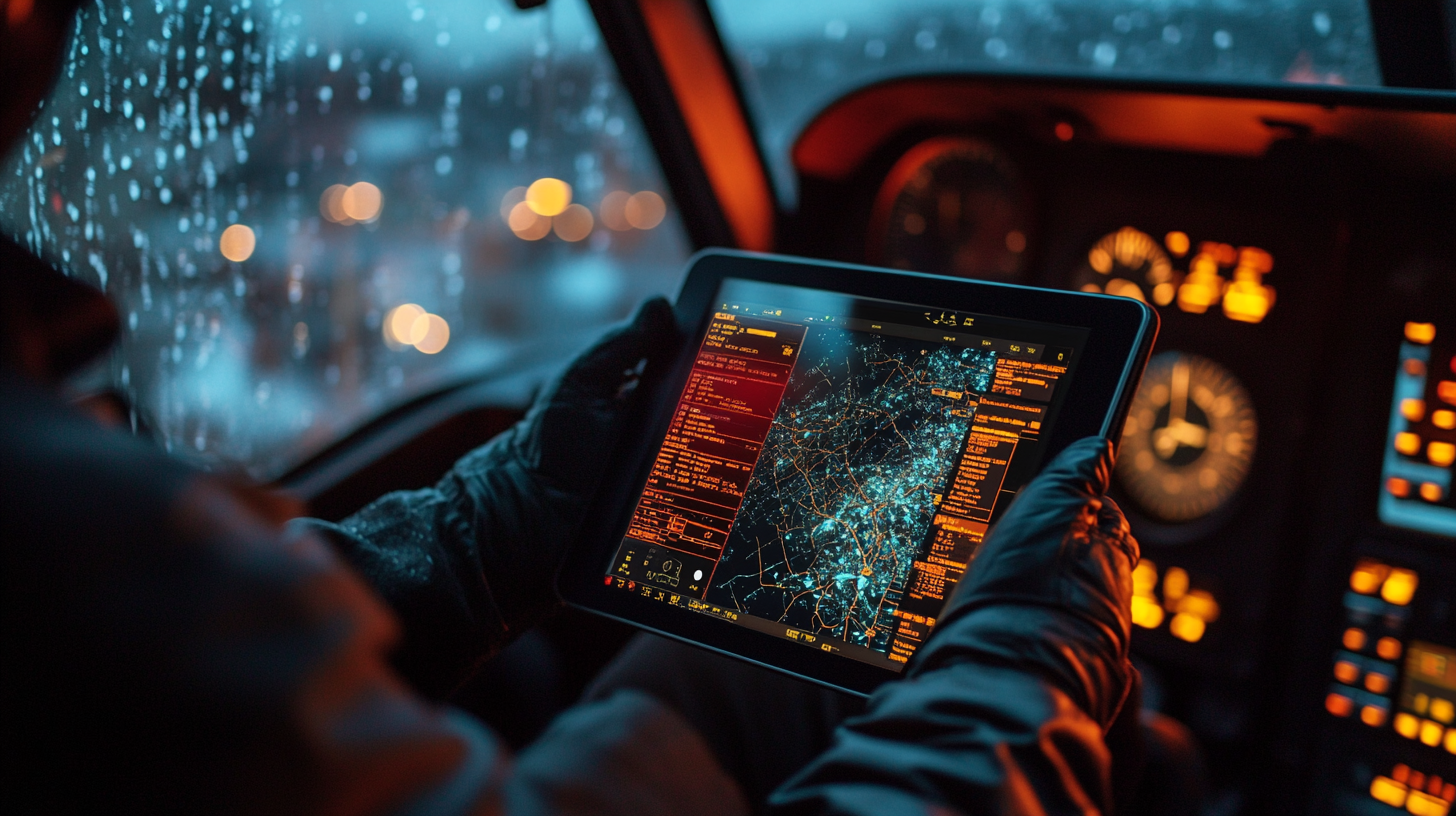 Gloved hands operating a tablet in a darkened helicopter cockpit.