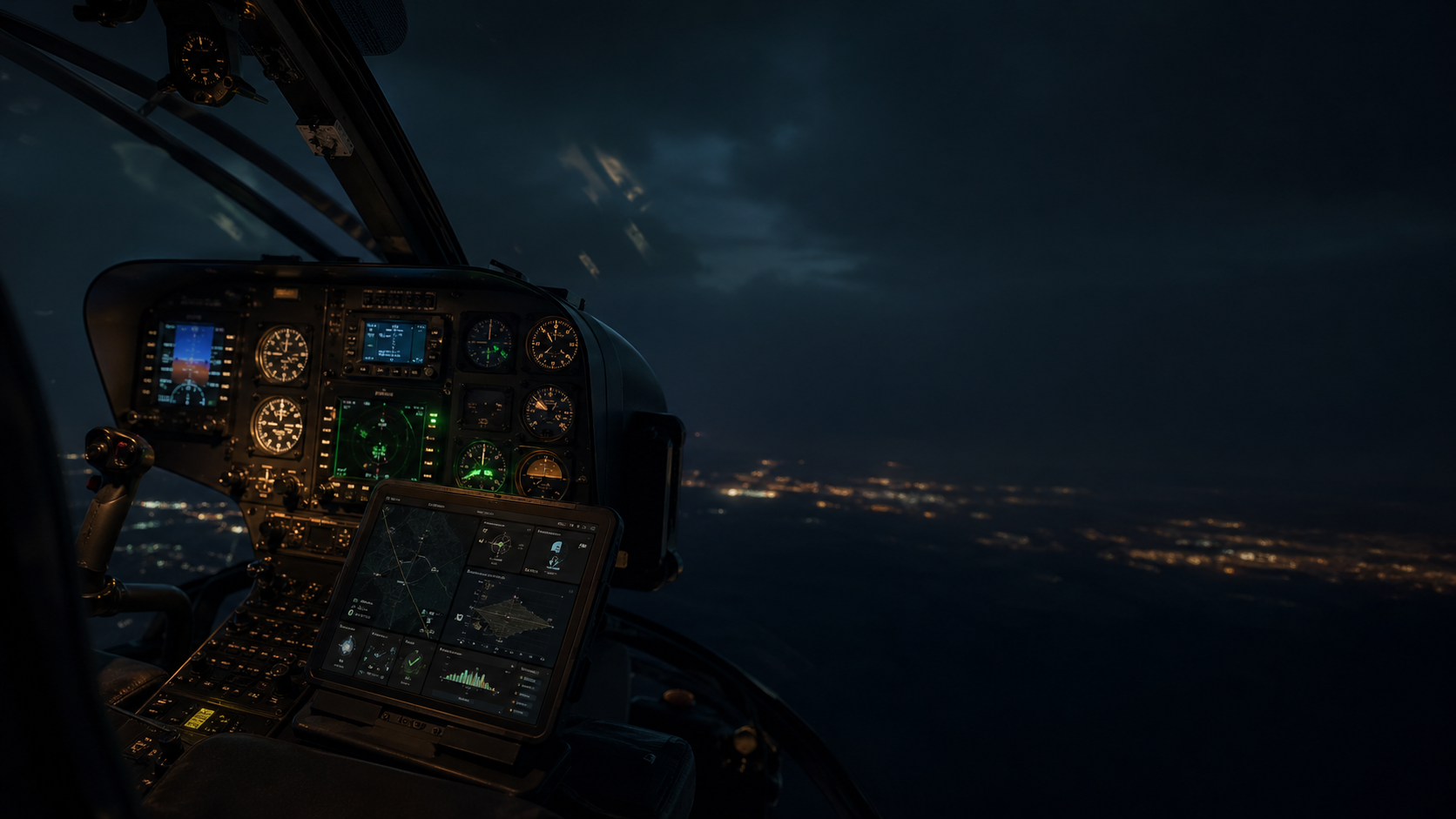 Helicopter cockpit at night, tablet mounted on the instrument panel.